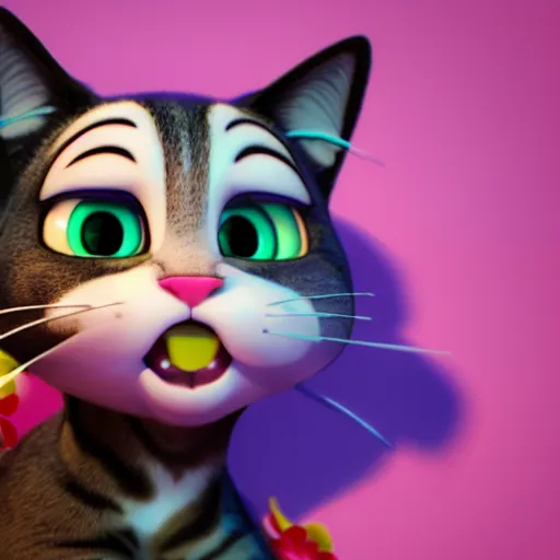 Image similar to tabi cat with flowers, anime, disney, pixar, 8 k, hd, dof, kodak film, volumetric lighting, subsurface scattering, photorealistic, octane render, details