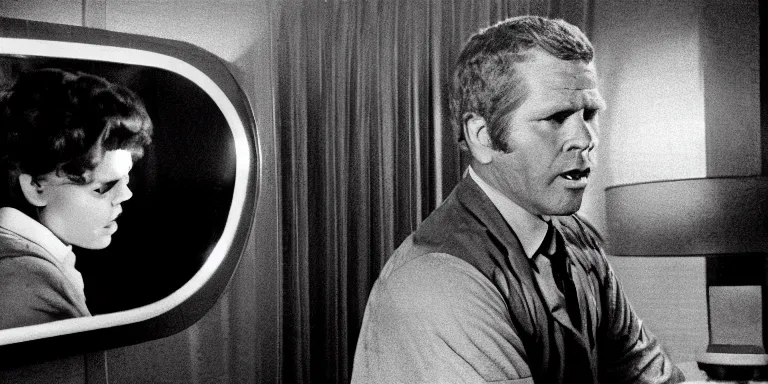 Prompt: photorealistic medium shot cinematography of a steve mcqueen acting in a twilight zone episode that takes place at a hotel pub and the bar tender is johnathan winters shot on film at magic hour with the sun shining into a large 6 0's hotel lobby room filled with volumetric haze by the shining cinematographer john alcott on a cooke panchro 3 5 mm lens.