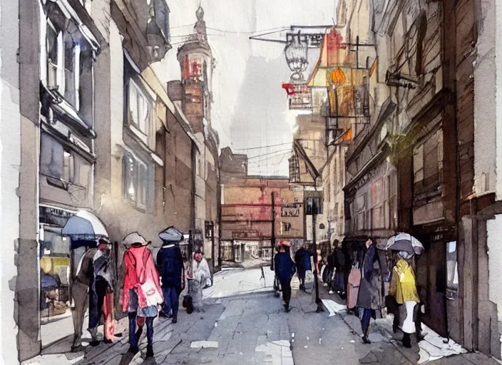 Image similar to concept art of street england city, pinterest, artstation trending, behance, watercolor, by coby whitmore, silver, laser light,