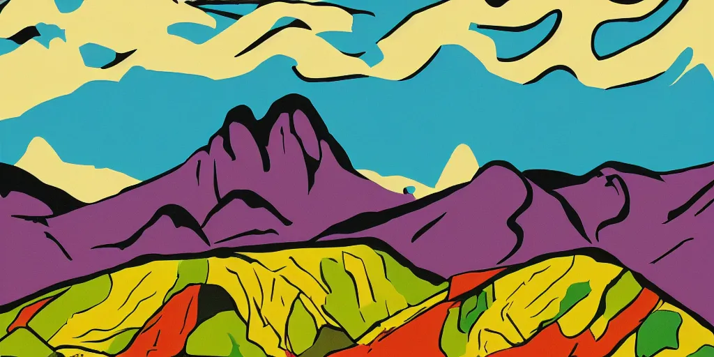 Image similar to pop art illustration of a mountainscape at day