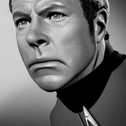 Image similar to photograph of captain j. kirk from star trek in absolute disbelief, shocked, mouth wide open, hands against his face. sharp photograph, sharp focus, highly detailed,, detailed face!!, ultra realism, dramatic lighting, zeiss lens, canon eos, detailed skin, dynamic pose, 8 k resolution, hyperrealism, portrait photography