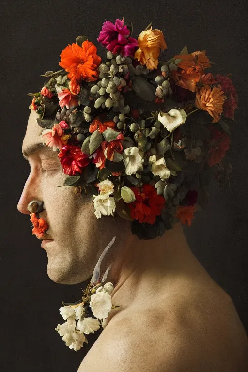 Image similar to a man's face in profile, clean shaven, made of flowers and fruit, in the style of the Dutch masters and Gregory crewdson, dark and moody