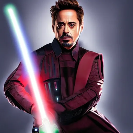 Image similar to Robert Downey Jr holding a lightsaber dramatically, 4k, very detailed, backlit