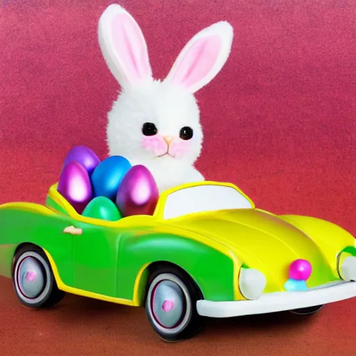 Image similar to easter bunny riding a convertible, studio photo, high quality