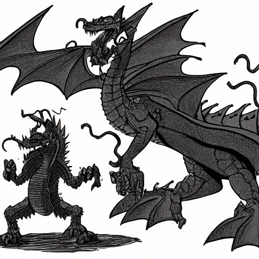 Prompt: detailed image of a Mike Mignola style dragon and of a castle