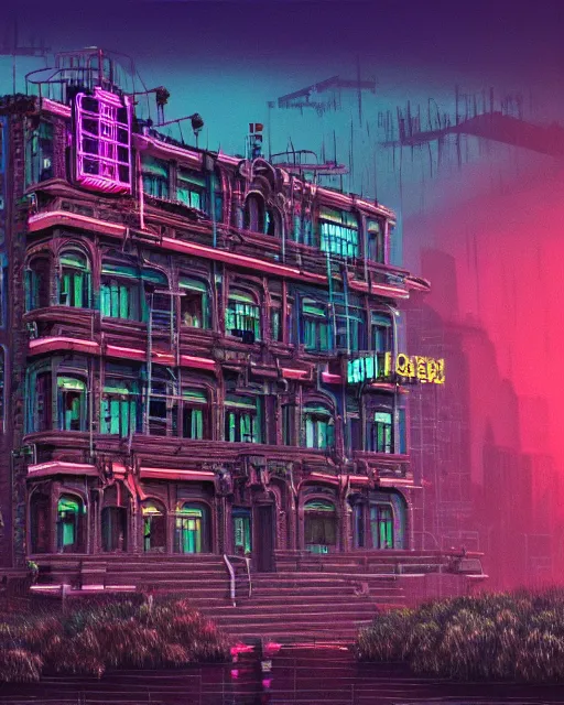 Prompt: a beautiful detailed painting of building city urbex palace by benedek vass, neon noir synthwave lake dieselpunk nature, archdaily, wallpaper, highly detailed, trending on artstation.