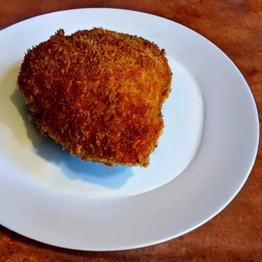 Image similar to breaded chicken with a crown of a king in top of it, hyper realistic, 4k