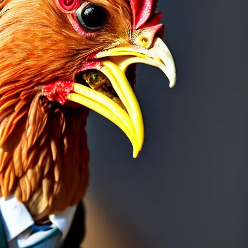 Image similar to a high detail shot of a chicken wearing a suit