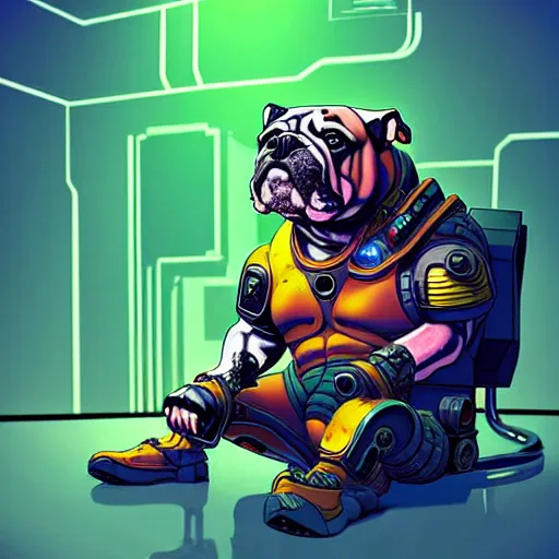 Image similar to « a comic styled painting of a cyborg bulldog sitting down, cyberpunk digital art by greg rutkowsky, illustration, colourful, sharp focus, highly detailed, future tech, sketchfab »