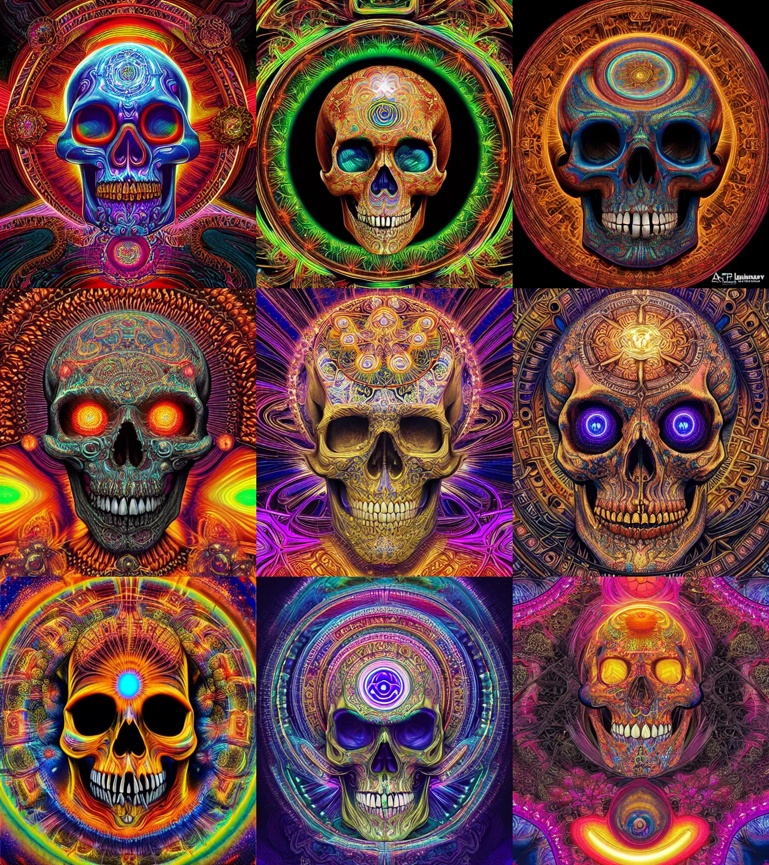 Prompt: a intricate ornate psychedelic image of a skull with a glowing third eye, digital art by artgerm, alex grey, dan mumford, felix kelly, psychedelic art, psychedelic, fractalism, fractals, sacred geometry, trending on artstation, hyper realism, highly detailed, cgsociety, octane render, raytracing, 3 d