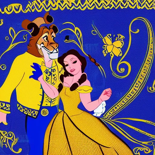 Image similar to belle and beast in blue and gold in the style of mexican folk art