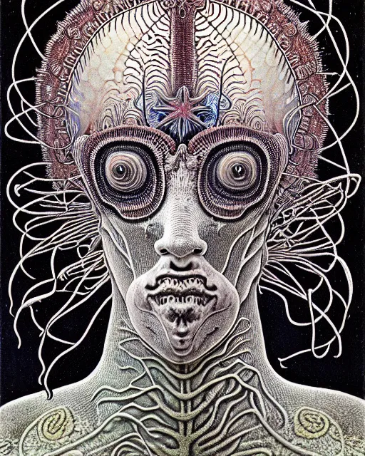 Image similar to realistic detailed underwater face portrait of the beautiful young god of the fish of the fractal waters with an intricate headgear of corals, sea kelp, sea plants, fish, starfish, jellyfish, art by ernst haeckel, zdzisław beksinski, hieronymus bosch, gothic, neo - gothic, ornamental, beautiful deep colours,