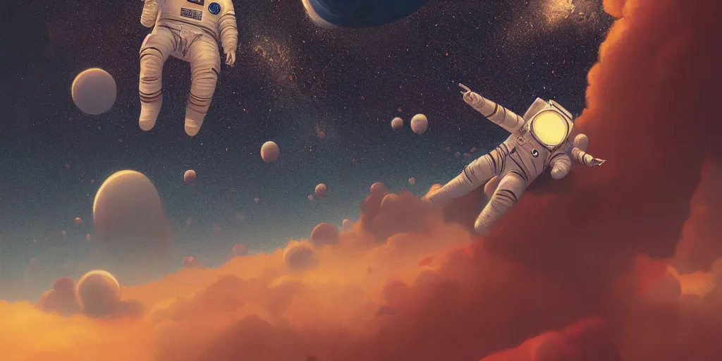 Image similar to a painting of an astronaut floating in space, poster art by mike winkelmann, behance contest winner, space art, sci - fi, poster art, 2 d game art