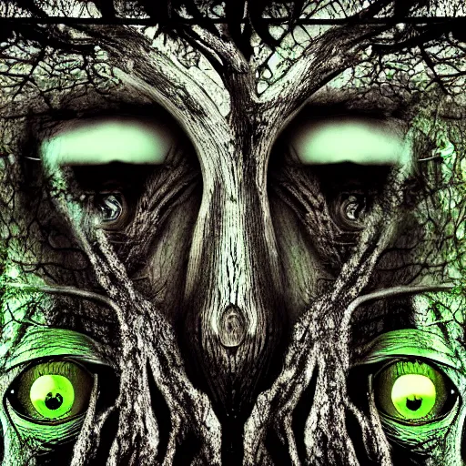 Prompt: the trees have eyes and they're watching me, acid replications, hyperdetailed, cinematic