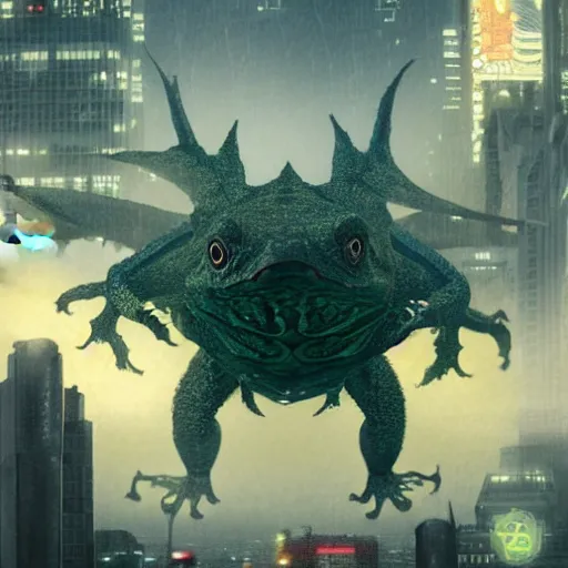 Prompt: a frogish kaiju attacking a city, legendary epic shot, blade runner, pacific rim, by artgerm, cloverfield movie, julie bell, beeple and Greg Rutkowski, airbrush, concept art, matte painting, 80s, Smooth gradients, octane render, 8k, High contrast, duo tone, depth of field, volumetric lightning, very coherent artwork