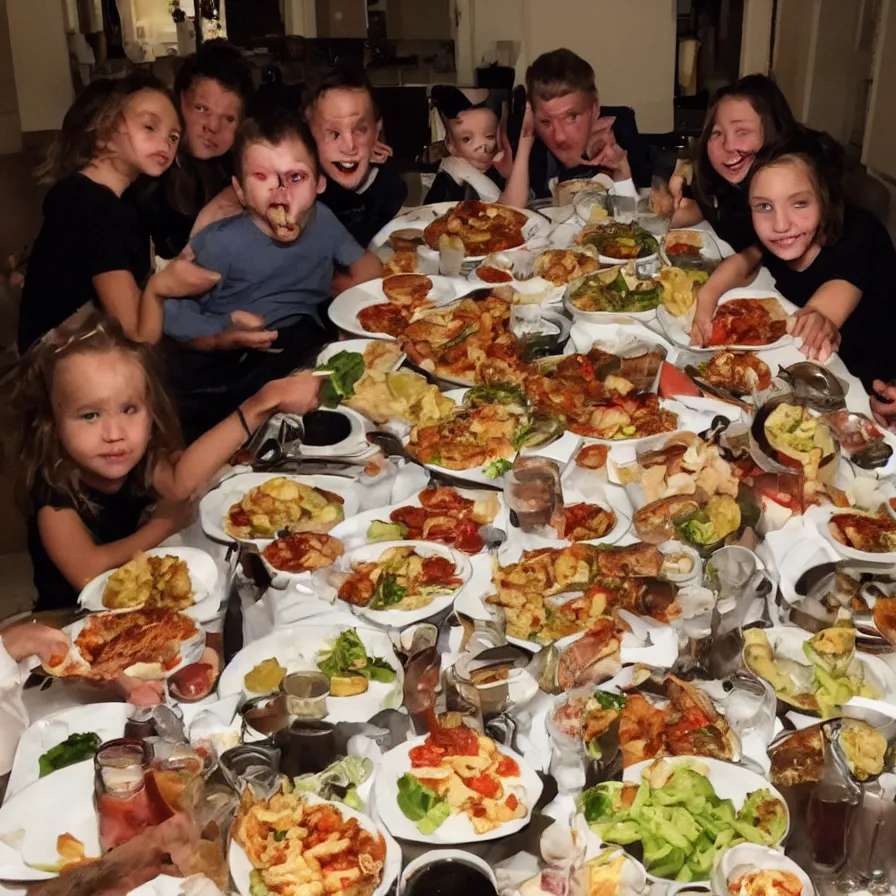 Image similar to family dinner, corrupted faces