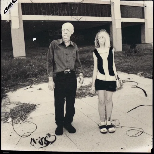 Image similar to found polaroid photo of trash humpers in an abandoned shopping mall