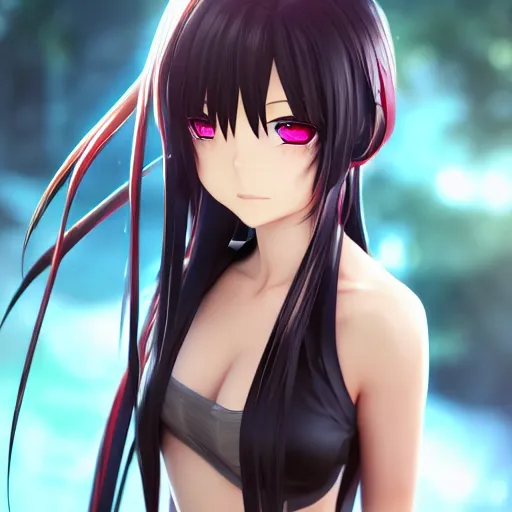 Prompt: akeno himejima render as a very beautiful 3d anime girl, hot petite, long braided black hair, hazel eyes, full round face, short smile, cinematic lightning, medium shot, mid-shot, highly detailed, trending on Artstation, Unreal Engine 4k, cinematic wallpaper