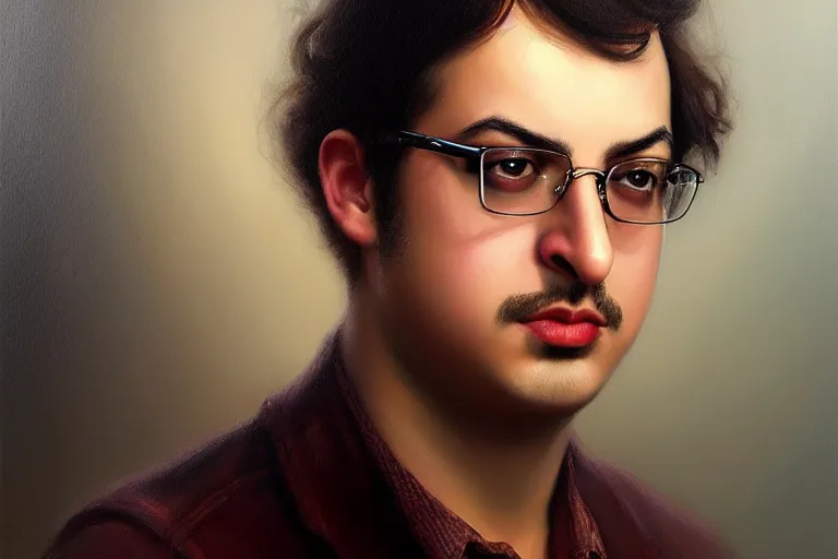 Image similar to poster portrait of young salman rushdie. oil painting elegant, highly detailed, centered, digital painting, artstation, concept art, smooth, sharp focus, illustration, artgerm, tomasz alen kopera, peter mohrbacher, donato giancola, joseph christian leyendecker drew struzan