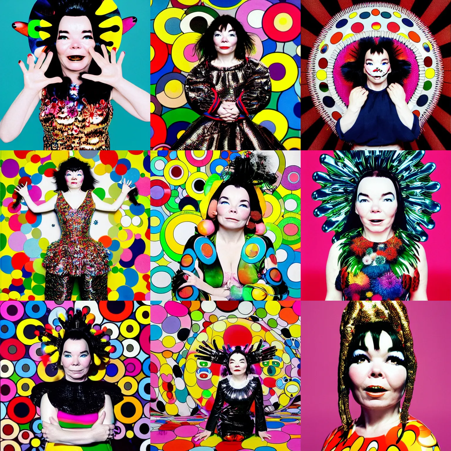 Prompt: professional photo shoot portrait of bjork in the style of takashi murakami superflat, 1 9 9 6