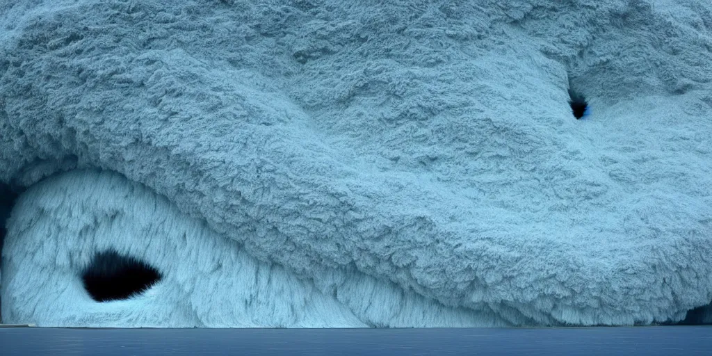 Image similar to a strange huge translucent pvc inflated organic architecture building with blue fluffy fur inside by anish kapoor sits in the rock mountains, film still from the movie directed by denis villeneuve with art direction by zdzisław beksinski, close up, telephoto lens, shallow depth of field