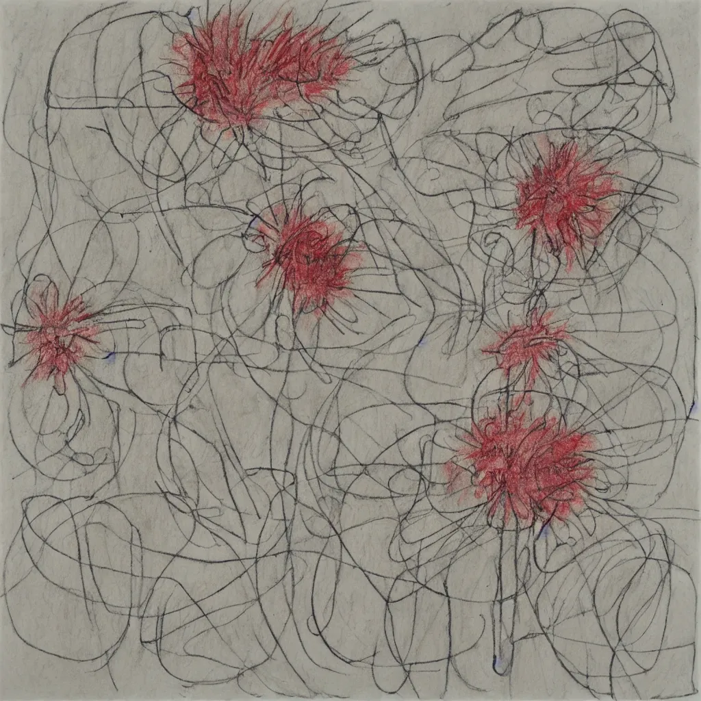 Image similar to a drawing on squared paper representing flower and stain and scribbles by cy twombly, gallery art, contemporary