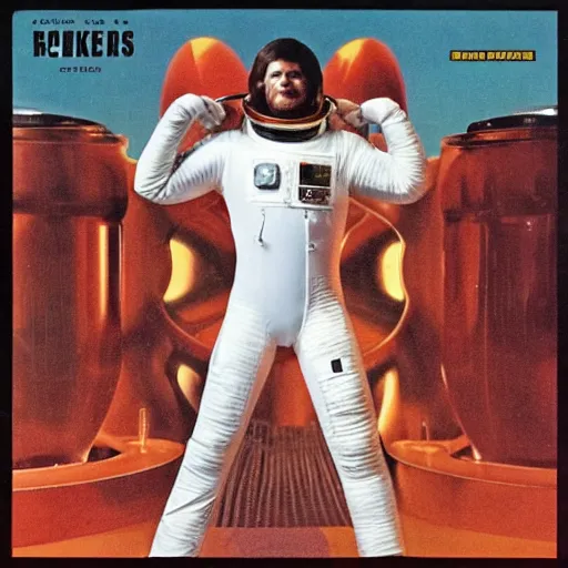 Image similar to 1 9 8 0's album art, an ultra muscular veiny man in a skintight buck rodgers style astronaut latex suit, inside the beautiful palace of a beautiful space princess, cinematic angles, beautifully lit