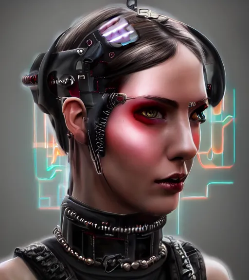 Image similar to detailed realistic female character cyberpunk wearing thick steel collar around neck, realistic, art, beautiful, 4K, collar, choker, collar around neck, punk, artstation, detailed, female, woman, choker, cyberpunk, neon, punk, collar, choker, collar around neck, thick collar, tight around neck, punk,