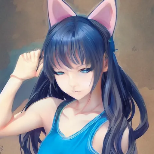 cute catgirl in a spaghetti top and short shorts, wlop, Stable Diffusion