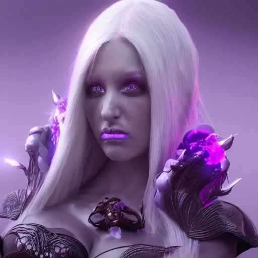 Image similar to “ purple warlock, victoria's secret model white hair, full body, highly detailed, photo realistic, dark fantasy atmosphere, froggy, 8 k, octane render, unreal engine ”