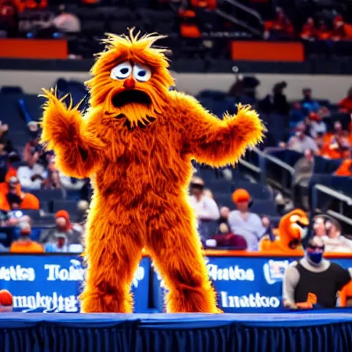 Image similar to the mascot gritty giving a speech at the Wells Fargo center, realistic