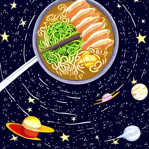 Image similar to Delicious looking bowl of ramen floating in space, space telescope, stars, galaxies