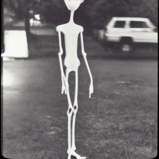 Prompt: an black and white photography of a tall skinny creature with a long neck, arms, and legs, covered in black substance, suburbs backround, 1 9 9 0, polaroid,