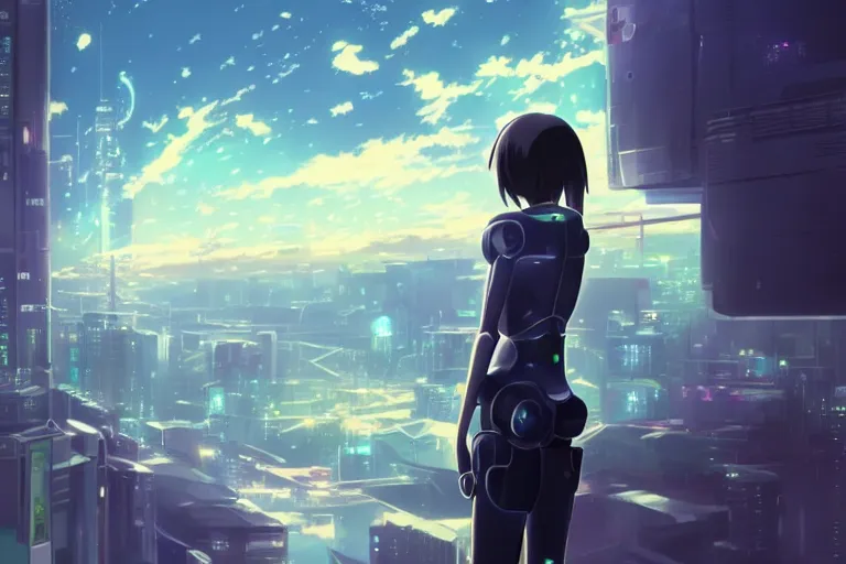 Prompt: makoto shinkai._robotic android girl. futuristic cyberpunk dystopia. vibrant nebula sky.