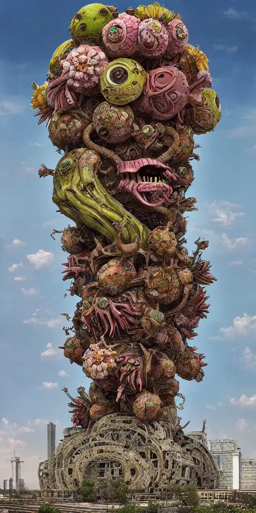 Image similar to colossal grotesque alien flower made from best unfulfilled mankind projects in the middle of abandoned post soviet constructivist cityscape, Stalinist architecture, ultradetailed, Intricate by Hayao Miyazaki and Josan Gonzalez and Makoto Shinkai and Giuseppe Arcimboldo and Wes Anderson