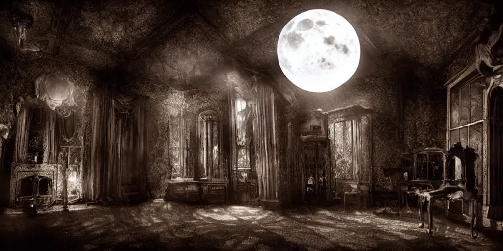 Image similar to inside a haunted mansion at night, moonlight shines through the windows, dramatic shadows, gothic