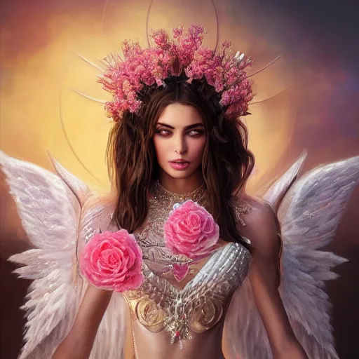 Prompt: expressive full body photo of sophia lauren as beautiful angel, smooth glowing skin, ornate headpiece made from pink flowers, glamour shot, by karol bak, by greg rutkowski, by jeremyg lipkinng, by artgerm, octane render, unreal engine, photorealistic, canon r 3, fashion photography
