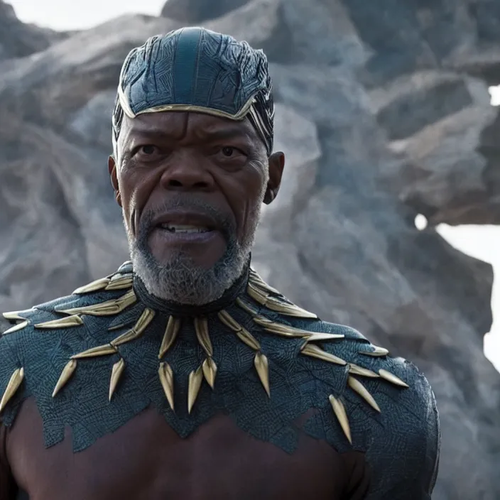 Prompt: film still of Samuel L Jackson as King T-Chaka in Black Panther, 4k