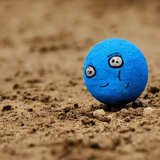 Image similar to photo of a small round creature made of dirt with round blue eyes and a round clown nose and a cute smile