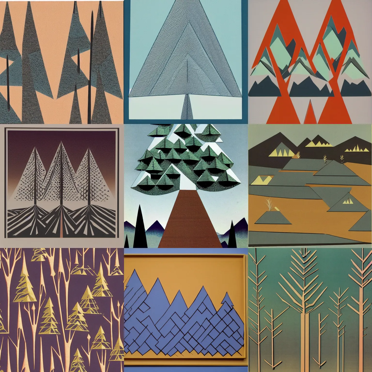 Prompt: 2D geometric trees and mountains, 1970s, pleasing