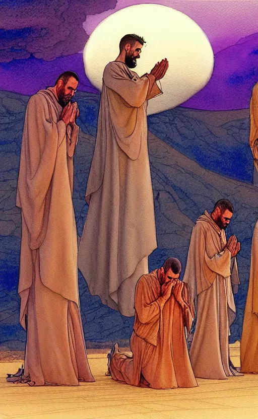 Image similar to a hyperrealist watercolour character concept art portrait of a group of middle eastern men kneeling down in prayer in front of a giant angel on a misty night in the desert. a ufo is in the background. by rebecca guay, michael kaluta, charles vess and jean moebius giraud