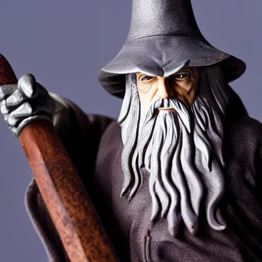 Image similar to gandalf chrome figurine sitting at a lightmixer, gandalf without a hat, color studio photo, uhd 4 k, backlight, rule of thirds