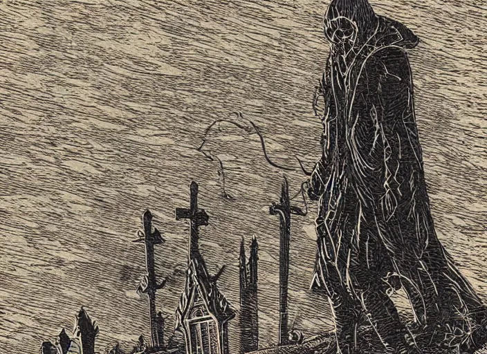 Image similar to woodcut print, ghost in graveyard at midnight by greg rutkowski