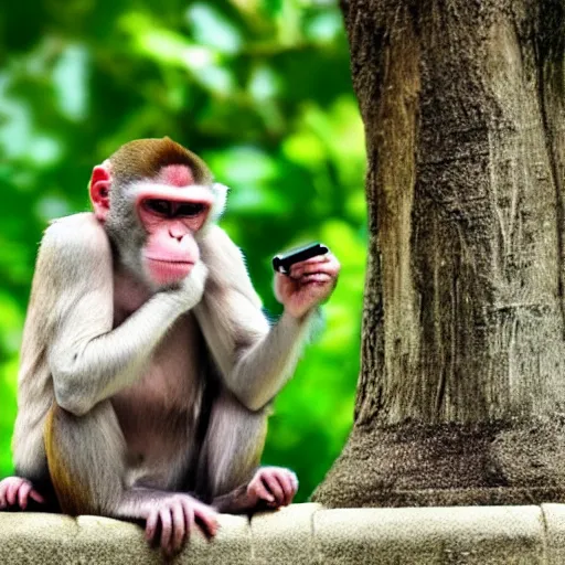 Image similar to an angry monkey listening to music with earphones, his family are trying to talk to him but he cannot hear them