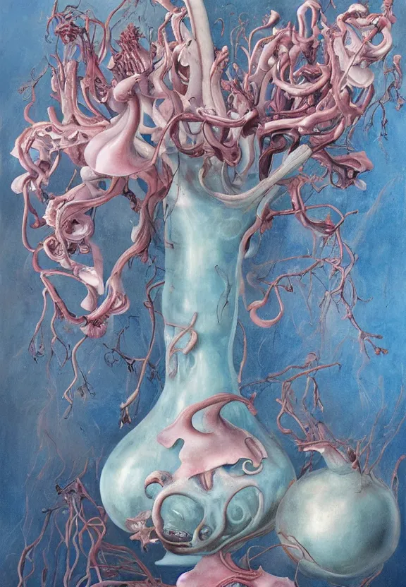 Image similar to a biomorphic painting of a vase with flowers and eyeballs in it, a surrealist painting by marco mazzoni, by dorothea tanning, pastel blues and pinks, blue oyster mushrooms, featured on artstation, metaphysical painting, oil on canvas, fluid acrylic pour art, airbrush art, seapunk, rococo, lovecraftian