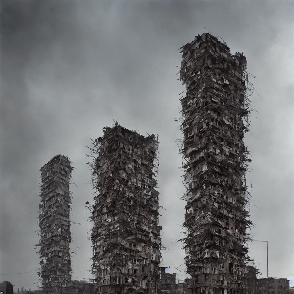 Image similar to tall towers, made up of makeshift squatter housing with faded colours, apocalyptic sky, misty, dystopia, mamiya rb 6 7, fully frontal view, ultra sharp, very detailed, photographed by andrei tarkovsky