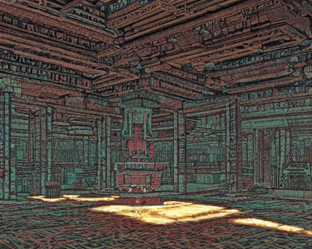 Image similar to interior of a long forgotten asian temple, pixel art, brutalism, art by dan mumford, volumetric lighting, 8 k