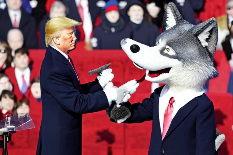 Image similar to photo of the usa presidential inauguration, a wolf fursuiter being inaugurated as president