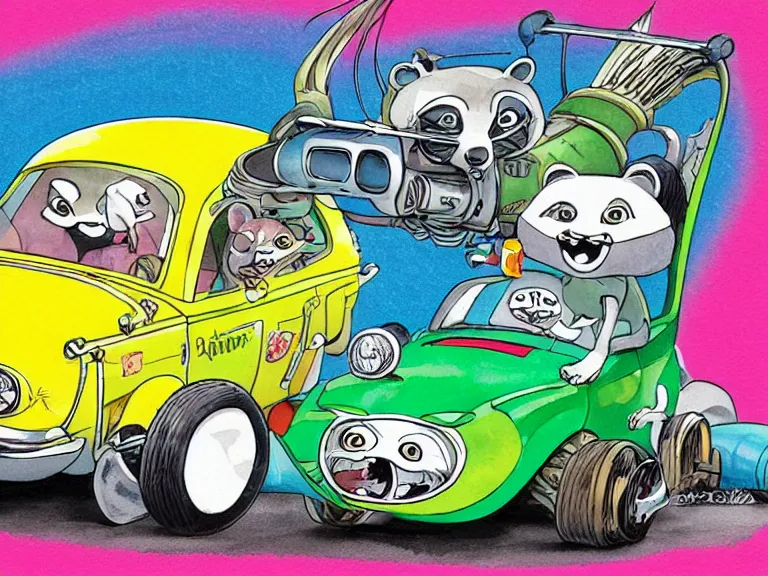 Image similar to cute and funny, racoon riding in a tiny hot rod coupe with oversized engine, ratfink style by ed roth, centered award winning watercolor pen illustration, isometric illustration by chihiro iwasaki, edited by range murata