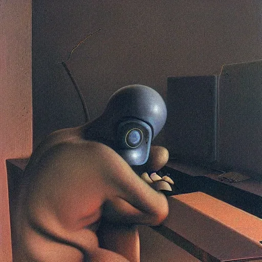 Prompt: gamer at his computer Zdzisław Beksiński, oil on canvas